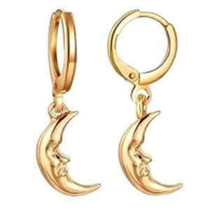 Gold Crescent Moon Mini Hoop Earrings Man in the Moon Celestial Charm Hoops